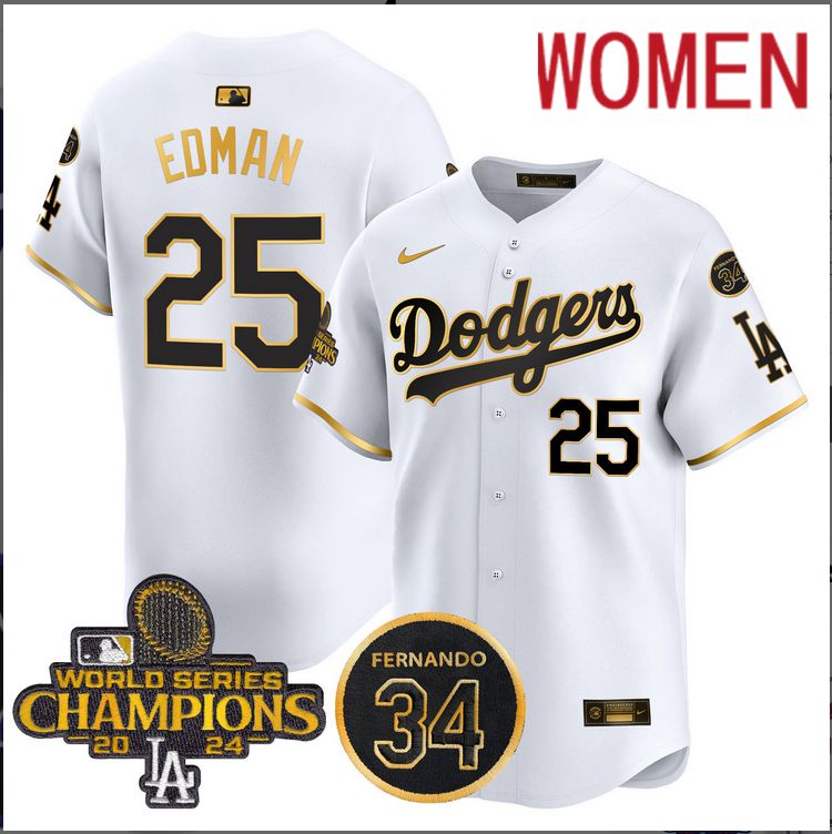 Women MLB Los Angeles Dodgers #25 Edman white 2024 World Series Champions Patch Limited Jersey style 4